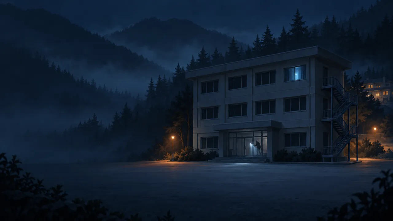 안개 낀 산속 연수원 별관, 3층 창 하나에만 희미한 불빛